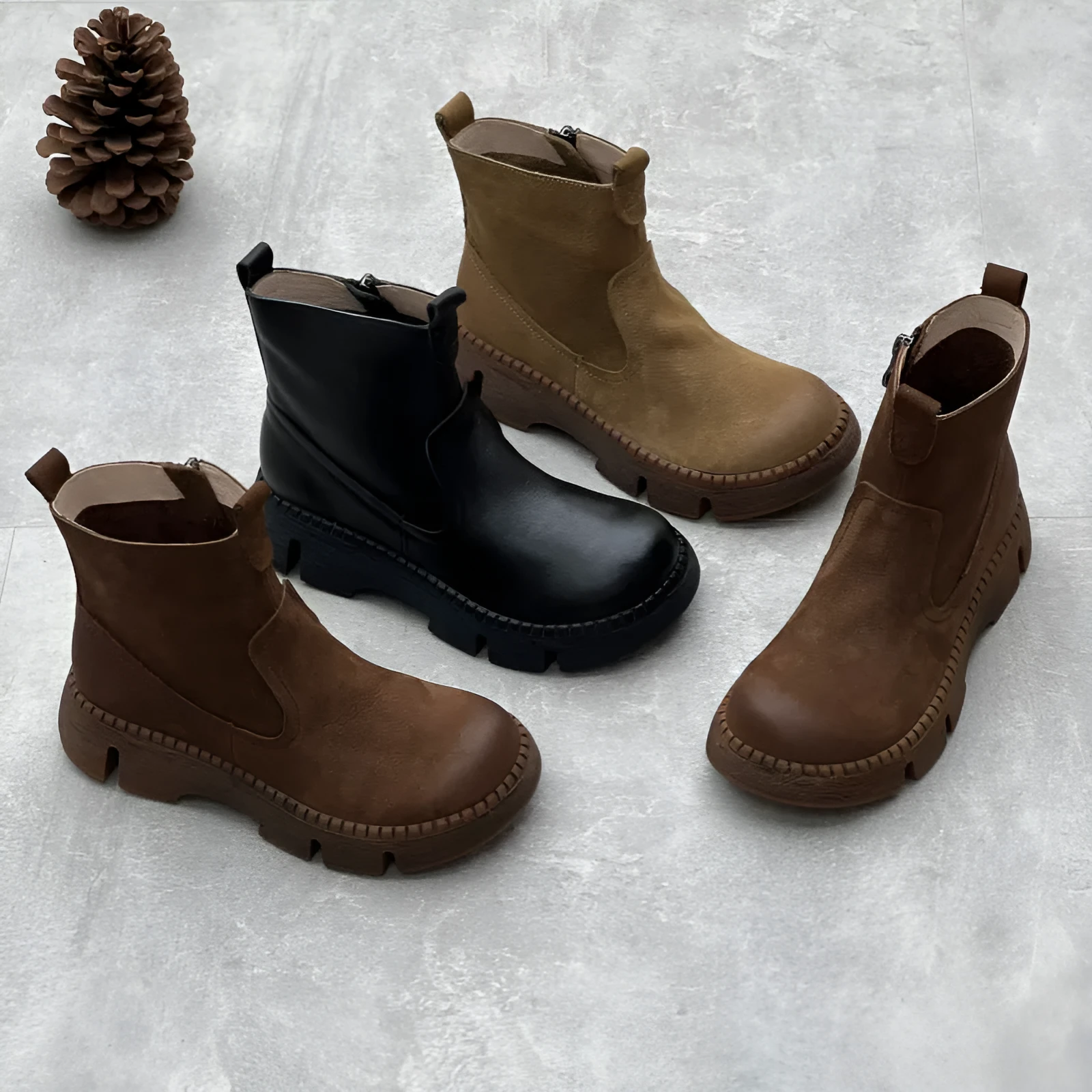 Round toe women's leather boots in black, first layer cowhide upper, side zipper, mid heel, middle calf shaft