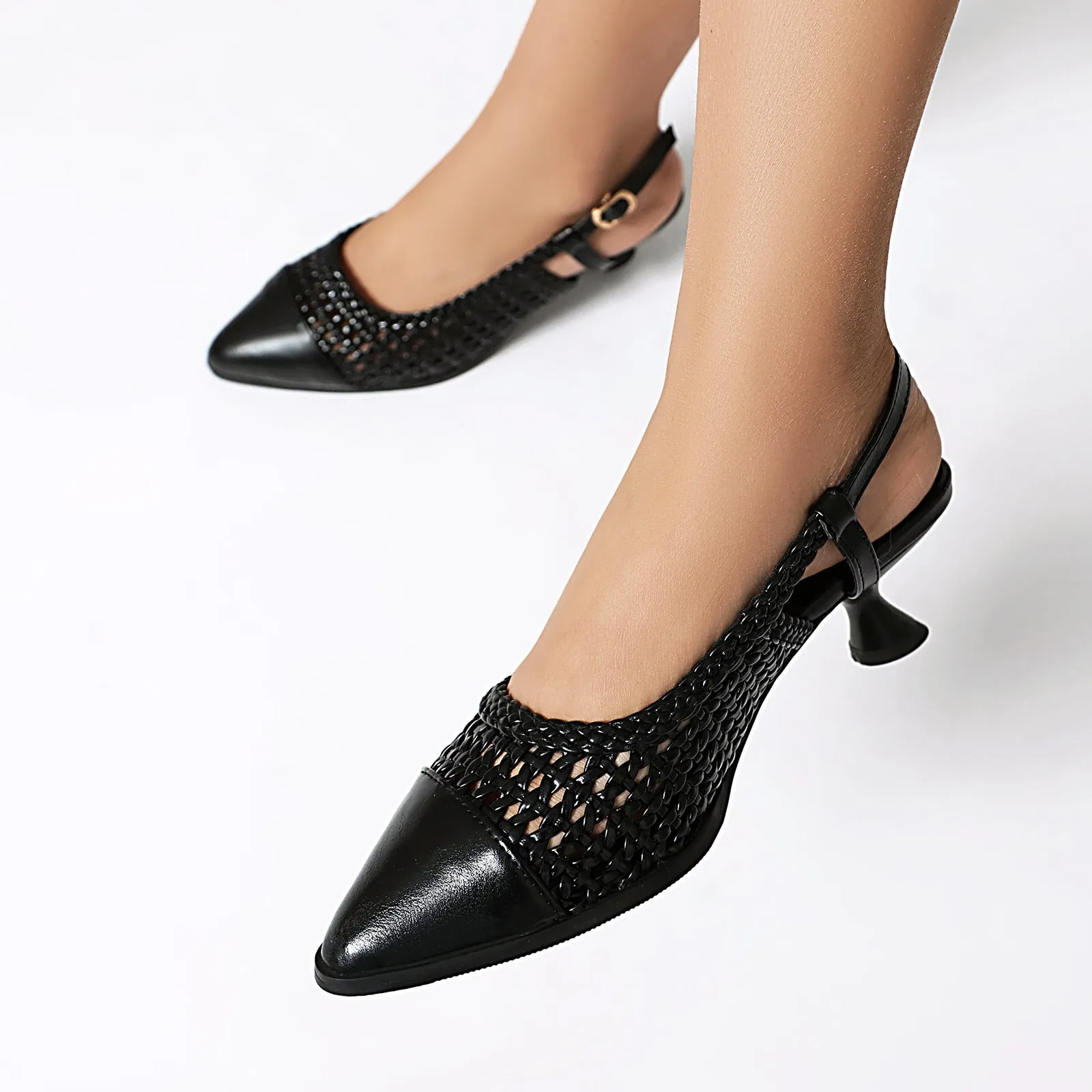 Women's professional cat heel sandals with buckle closure and hollowed design in black, gold, silver colours