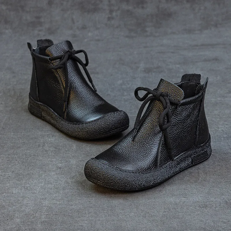 Top-grain cowhide flat-bottomed anti-collision round-toe high-top women's boots, black retro Dr. Martens style lace-up boots