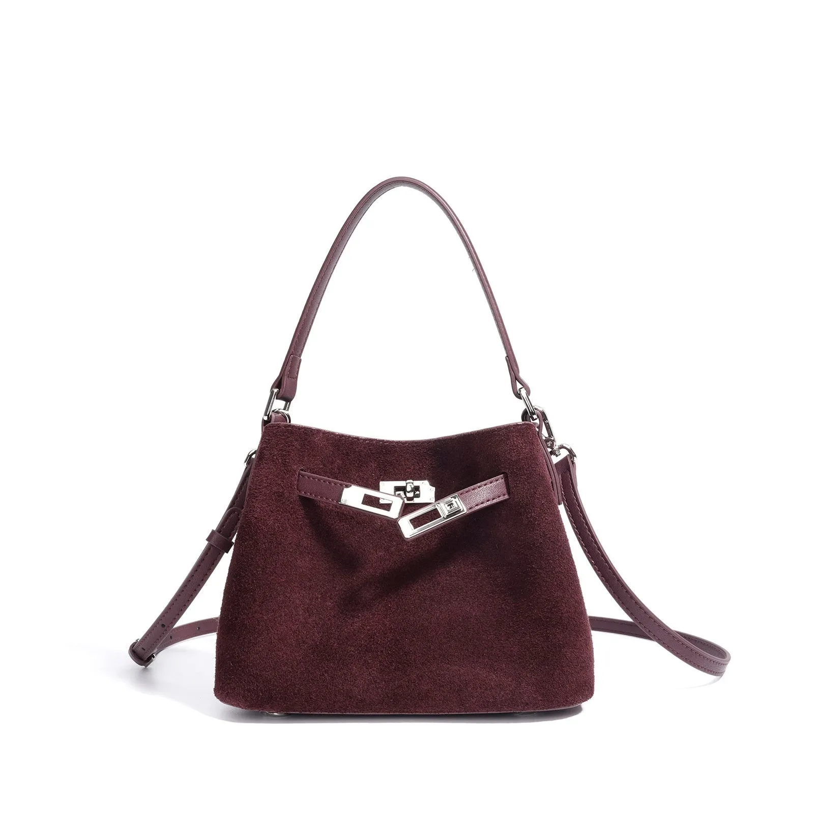Cortical women's spliced casual crossbody bag in genuine leather suede, vertical square shape, solid colour