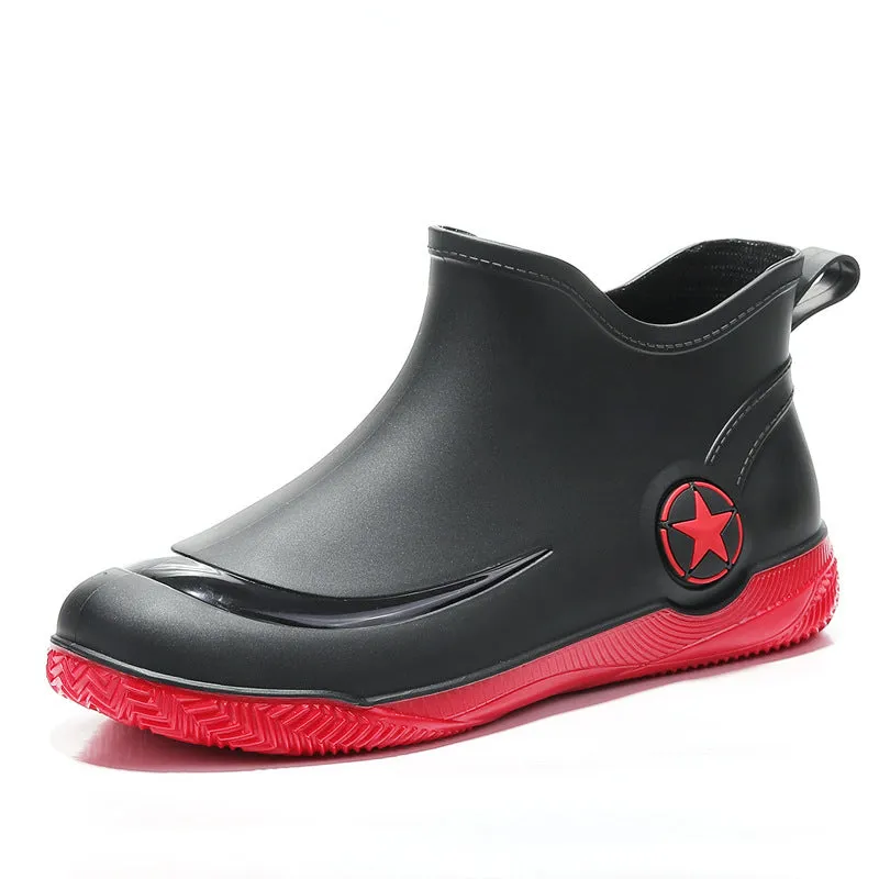 Men's low-cut rain boots in army green with non-slip PVC sole and short top