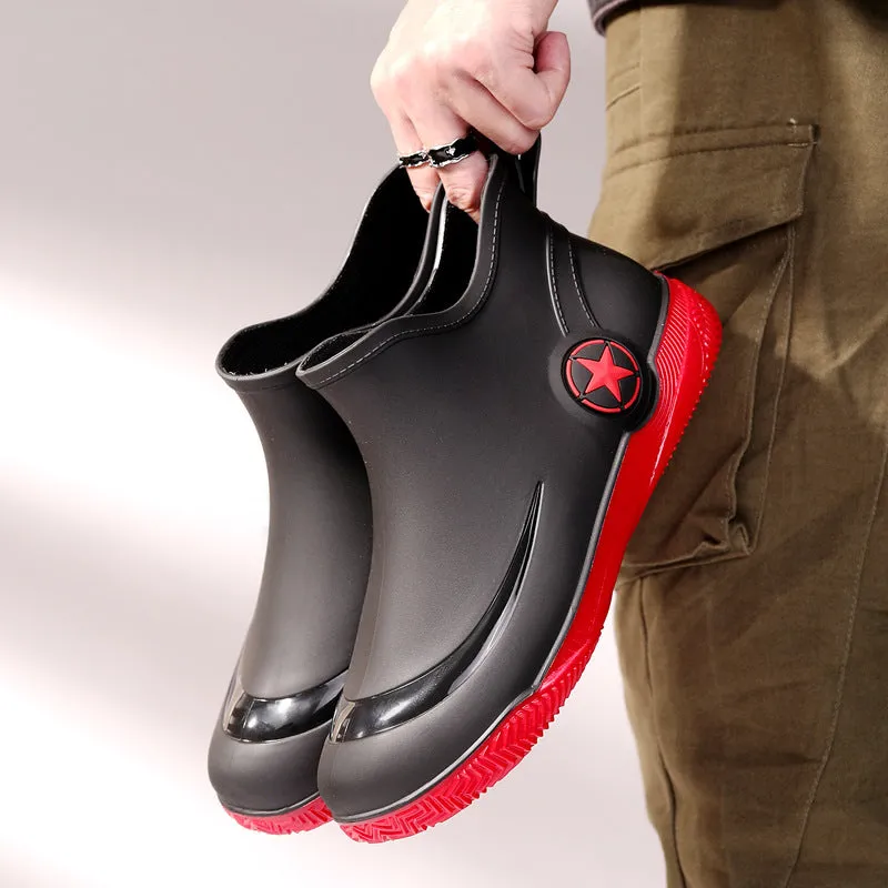 Men's low-cut rain boots in army green with non-slip PVC sole and short top