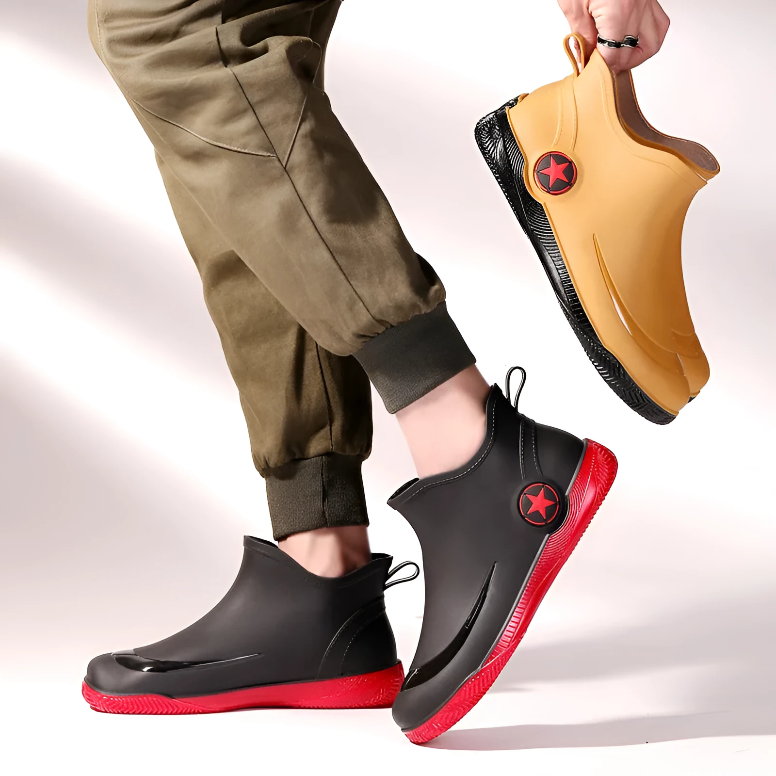 Men's low-cut rain boots in army green with non-slip PVC sole and short top