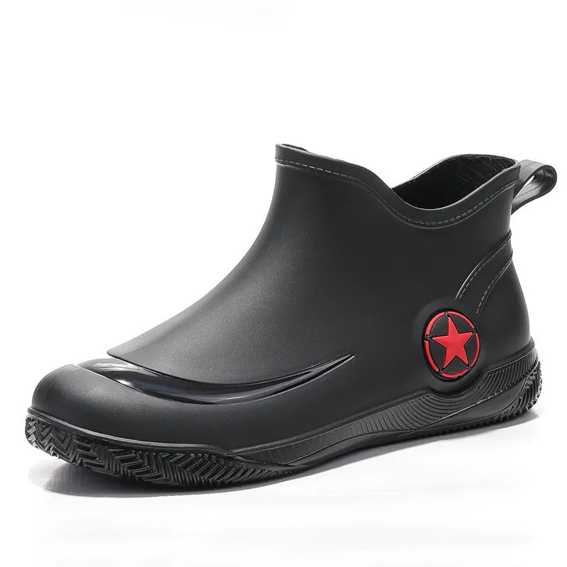 Men's low-cut rain boots in army green with non-slip PVC sole and short top