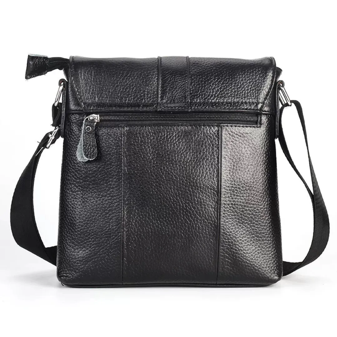 Genuine leather men's crossbody bag black top grain cowhide 26x23x5cm for business travel