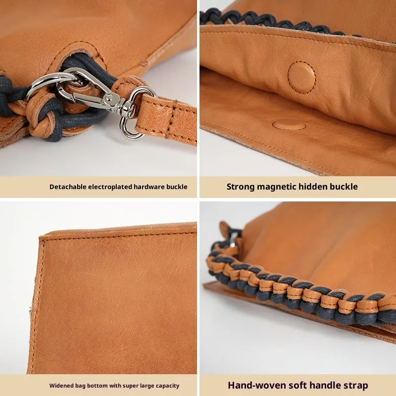 Cortex splicing woven women's casual crossbody bag in orange genuine top grain leather with zipper pocket