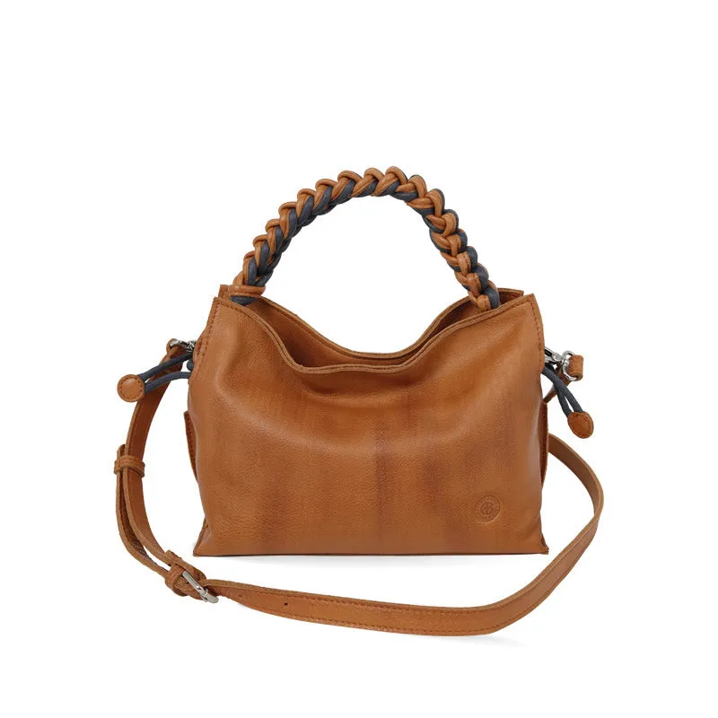 Cortex splicing woven women's casual crossbody bag in orange genuine top grain leather with zipper pocket