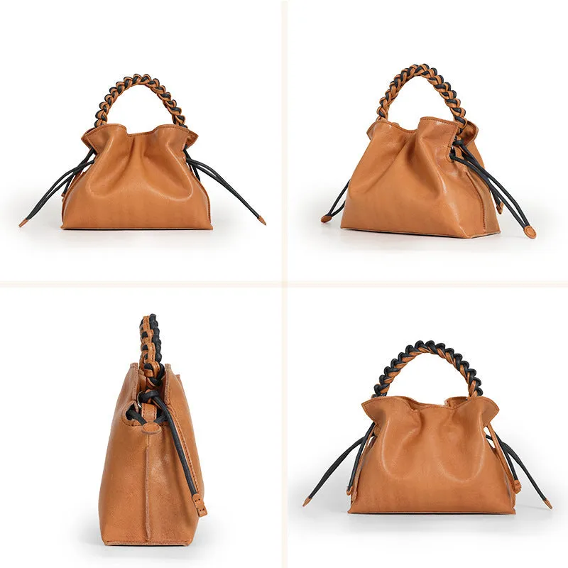 Cortex splicing woven women's casual crossbody bag in orange genuine top grain leather with zipper pocket
