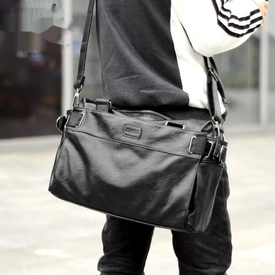 Men's leather messenger bag, large capacity, cowhide lining, black colour, shoulder strap