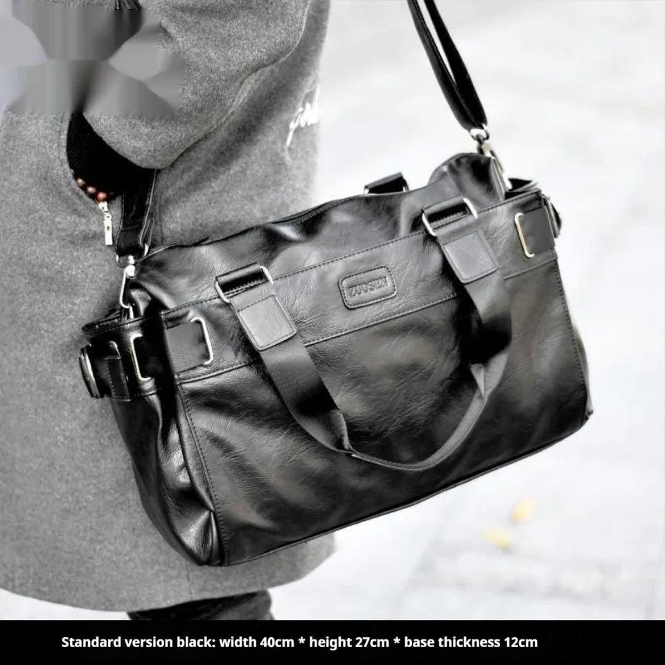 Men's leather messenger bag, large capacity, cowhide lining, black colour, shoulder strap
