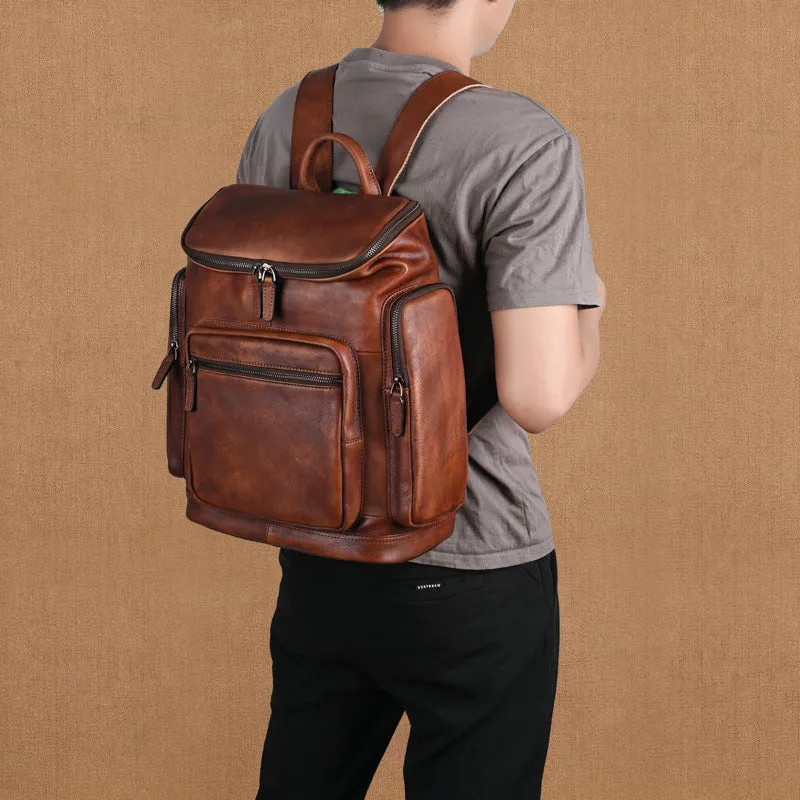 Genuine retro double-layer cowhide backpack for men, light brown, 14-inch size, patchwork style