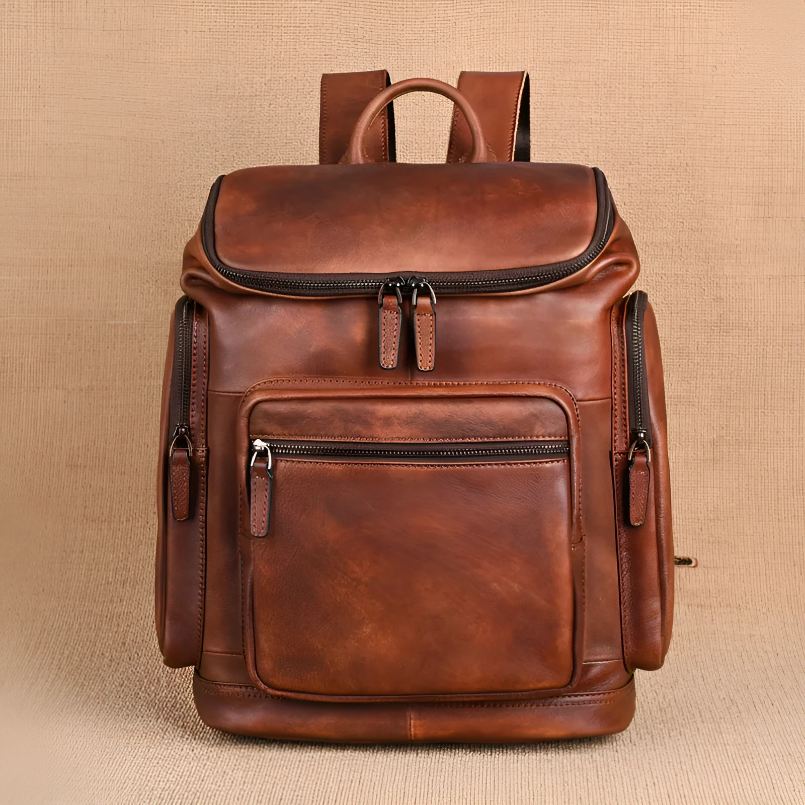 Genuine retro double-layer cowhide backpack for men, light brown, 14-inch size, patchwork style