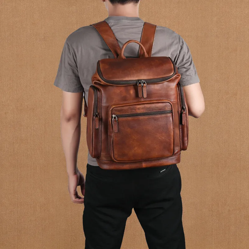 Genuine retro double-layer cowhide backpack for men, light brown, 14-inch size, patchwork style