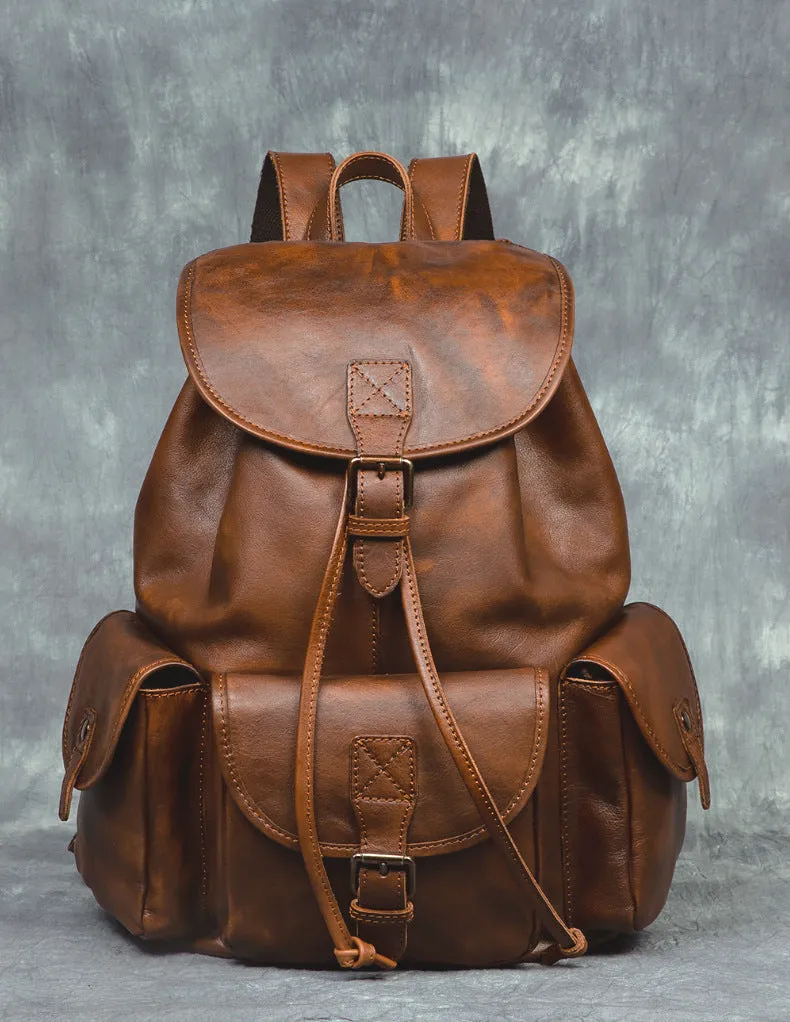 Genuine leather retro backpack for men, top grain, light brown, with ergonomic back panel and geometric pattern