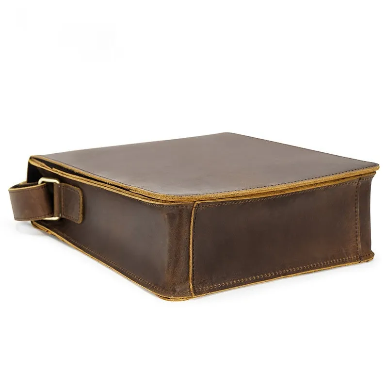Vintage brown genuine leather crossbody bag for men with top grain finish and geometric pattern