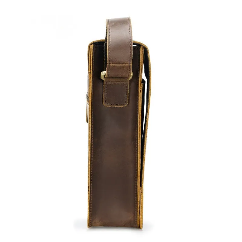 Vintage brown genuine leather crossbody bag for men with top grain finish and geometric pattern