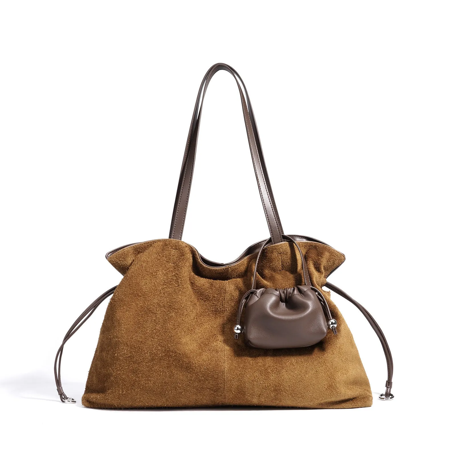 Cortical women's spliced casual crossbody bag in brown genuine suede leather with patchwork detail and crossbody strap