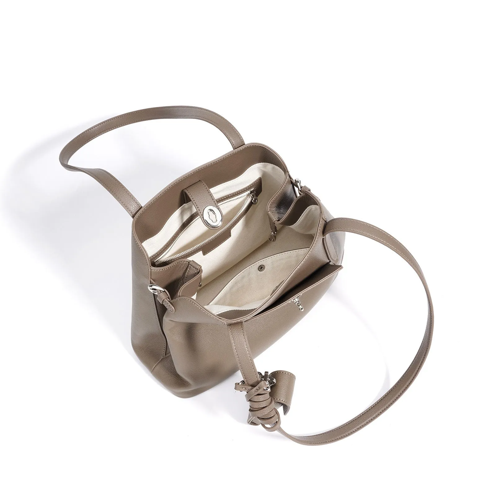 Women's genuine leather bucket bag in elephant gray with patchwork detail, large capacity underarm style