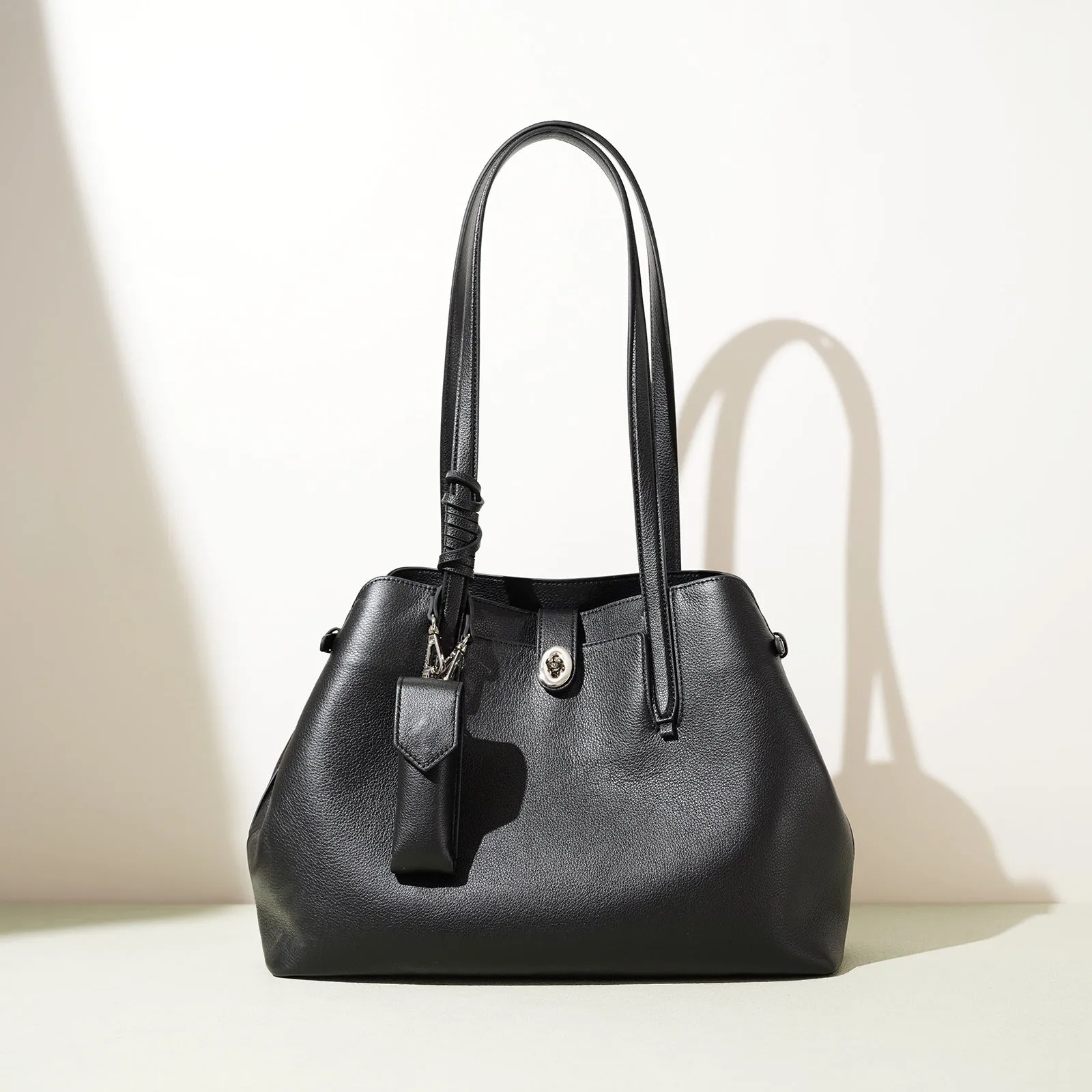 Women's genuine leather bucket bag in elephant gray with patchwork detail, large capacity underarm style