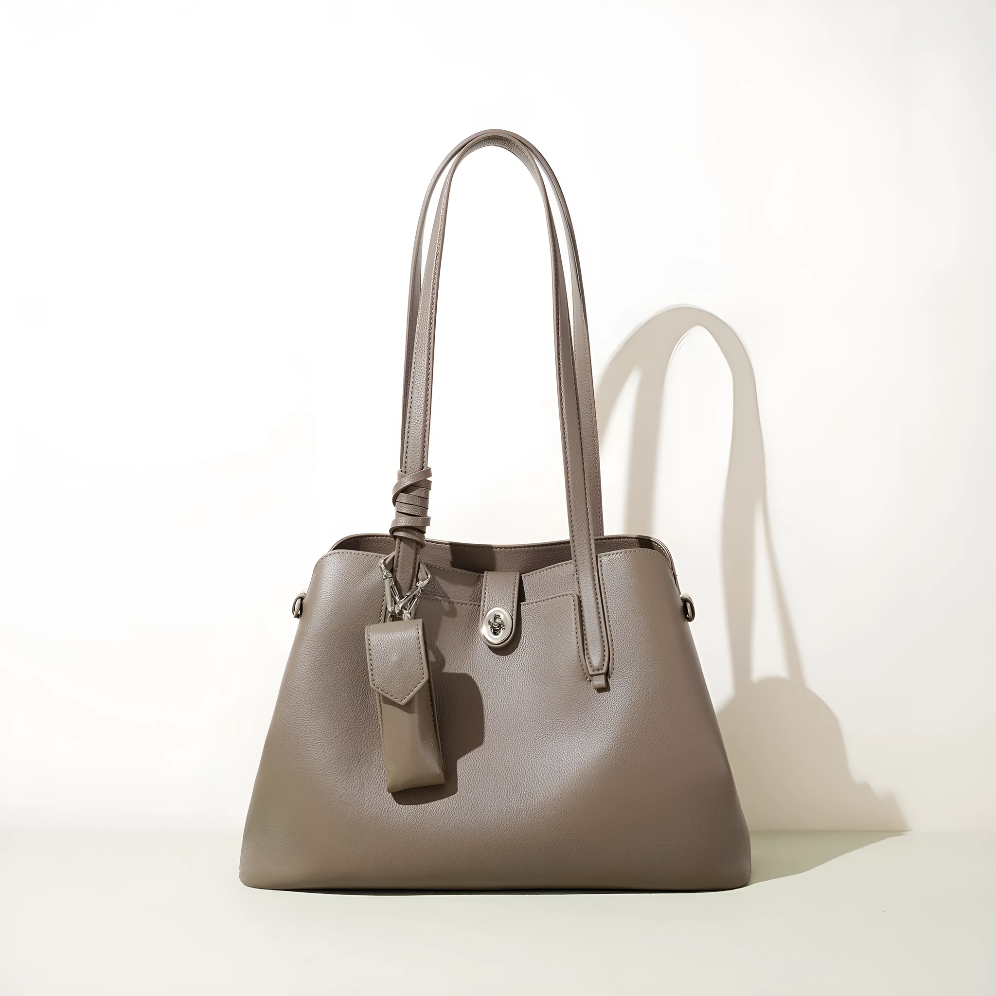 Women's genuine leather bucket bag in elephant gray with patchwork detail, large capacity underarm style