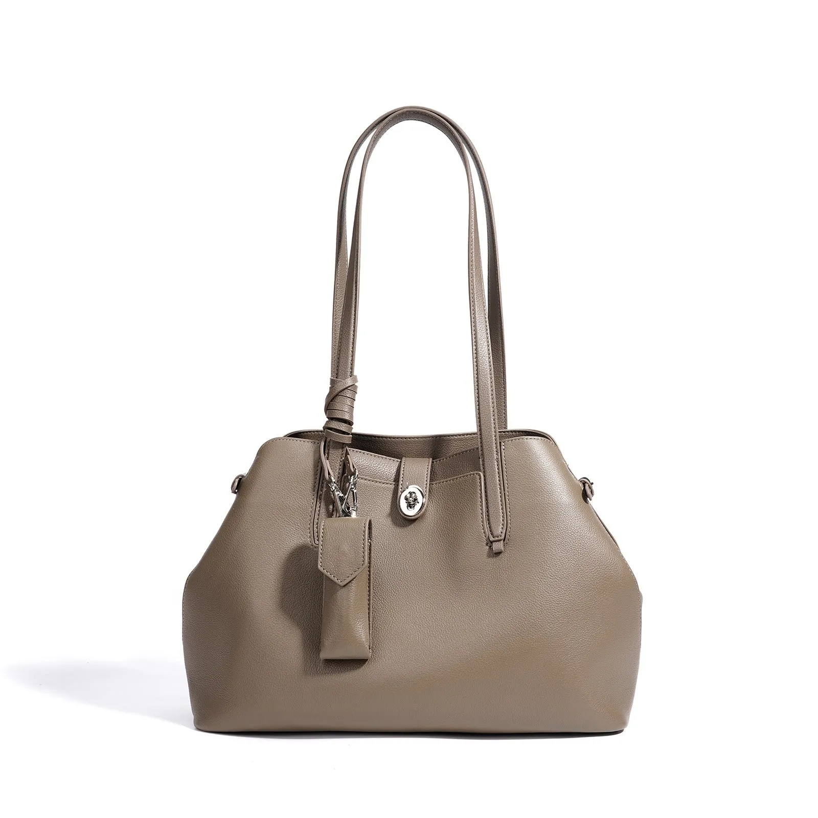 Women's genuine leather bucket bag in elephant gray with patchwork detail, large capacity underarm style
