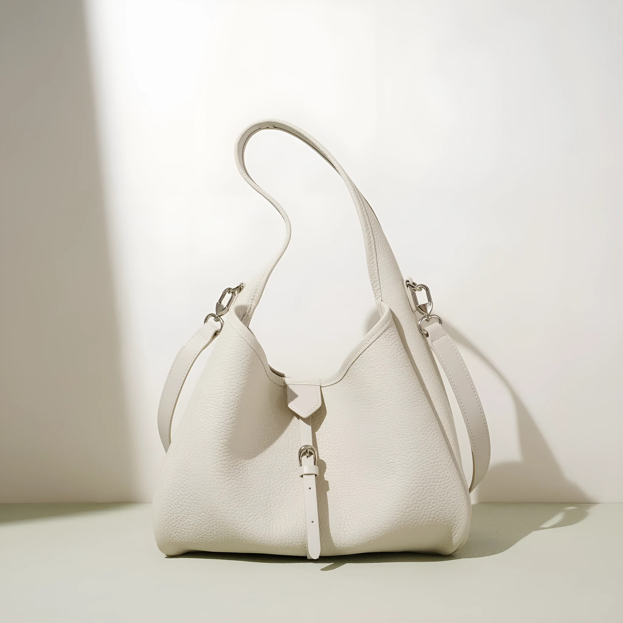 Fashion minimalist single shoulder crossbody handbag in genuine leather, bucket shape, milkshake white colour