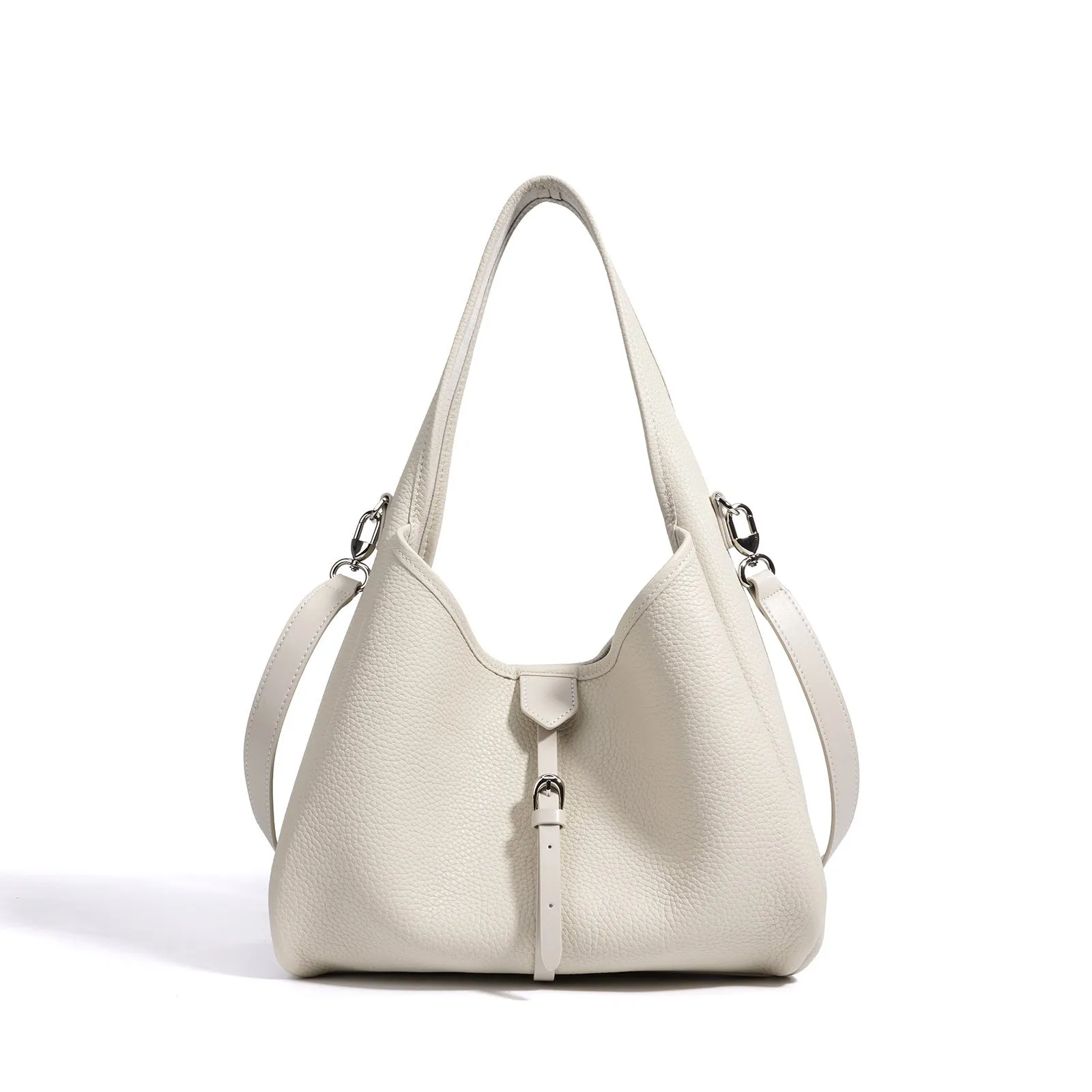 Fashion minimalist single shoulder crossbody handbag in genuine leather, bucket shape, milkshake white colour