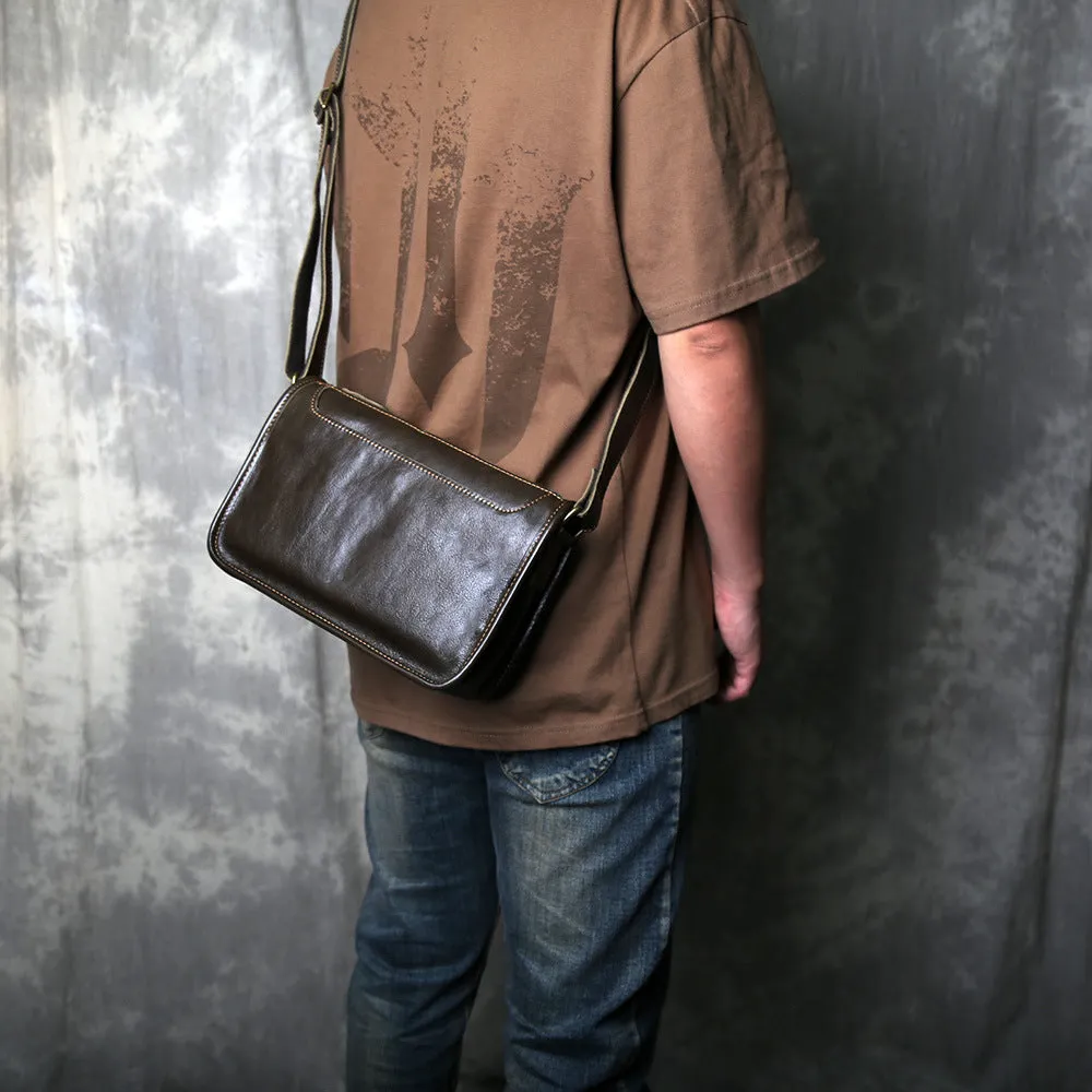 Men's genuine leather crossbody shoulder bag handmade top grain leather solid colour patchwork olive green casual travel