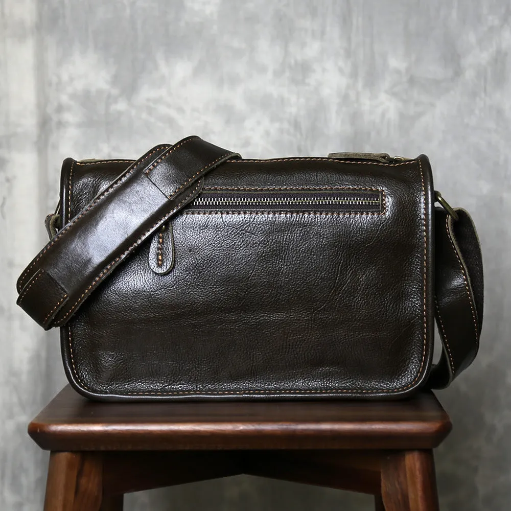 Men's genuine leather crossbody shoulder bag handmade top grain leather solid colour patchwork olive green casual travel
