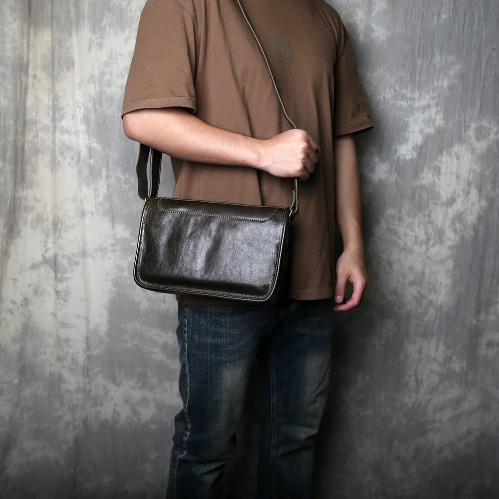 Men's genuine leather crossbody shoulder bag handmade top grain leather solid colour patchwork olive green casual travel