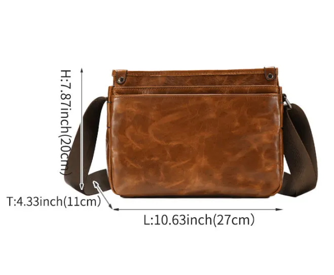 Men's brown genuine leather crossbody bag large capacity single shoulder commuting travel