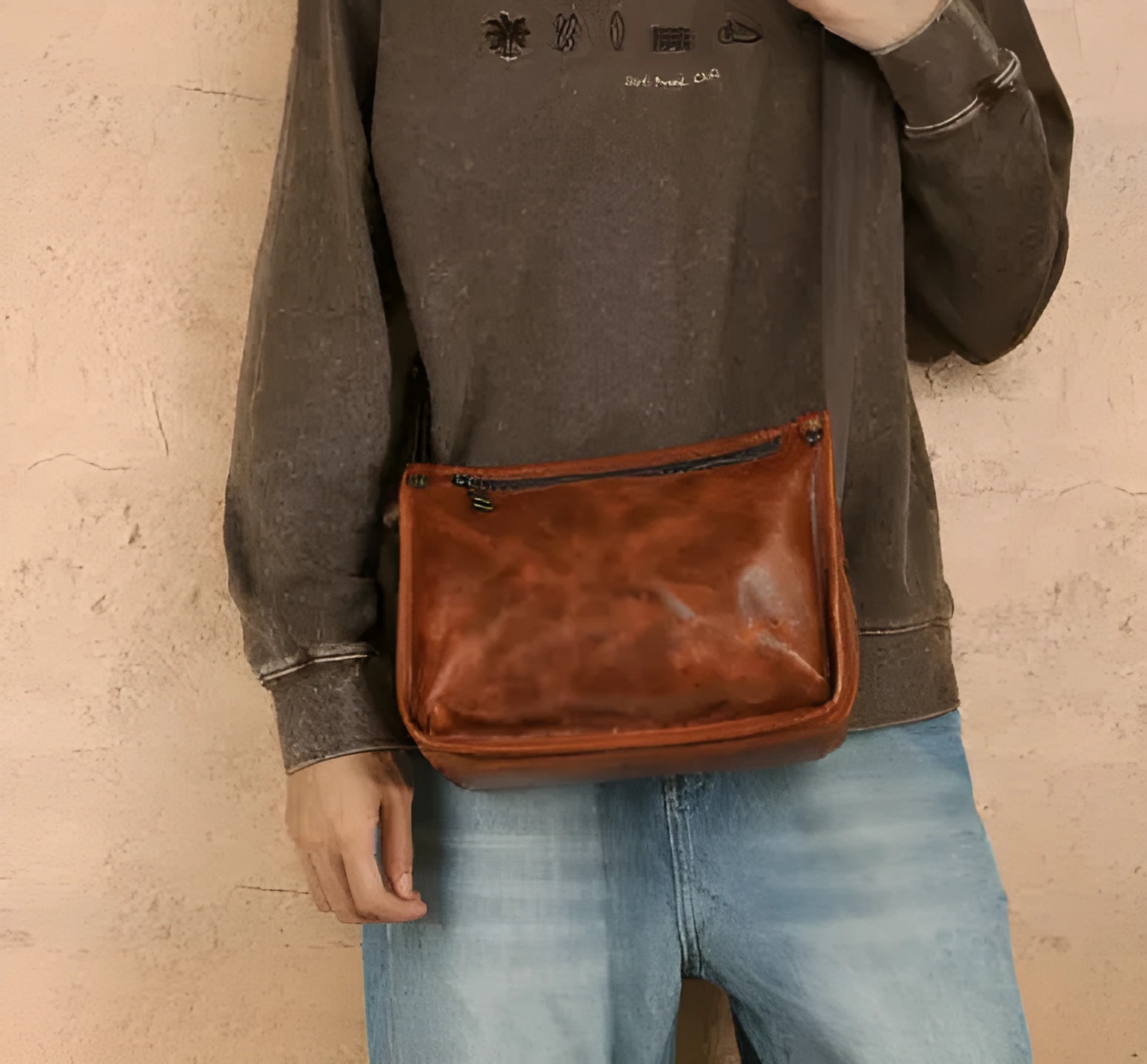 Men's brown genuine leather crossbody bag large capacity single shoulder commuting travel