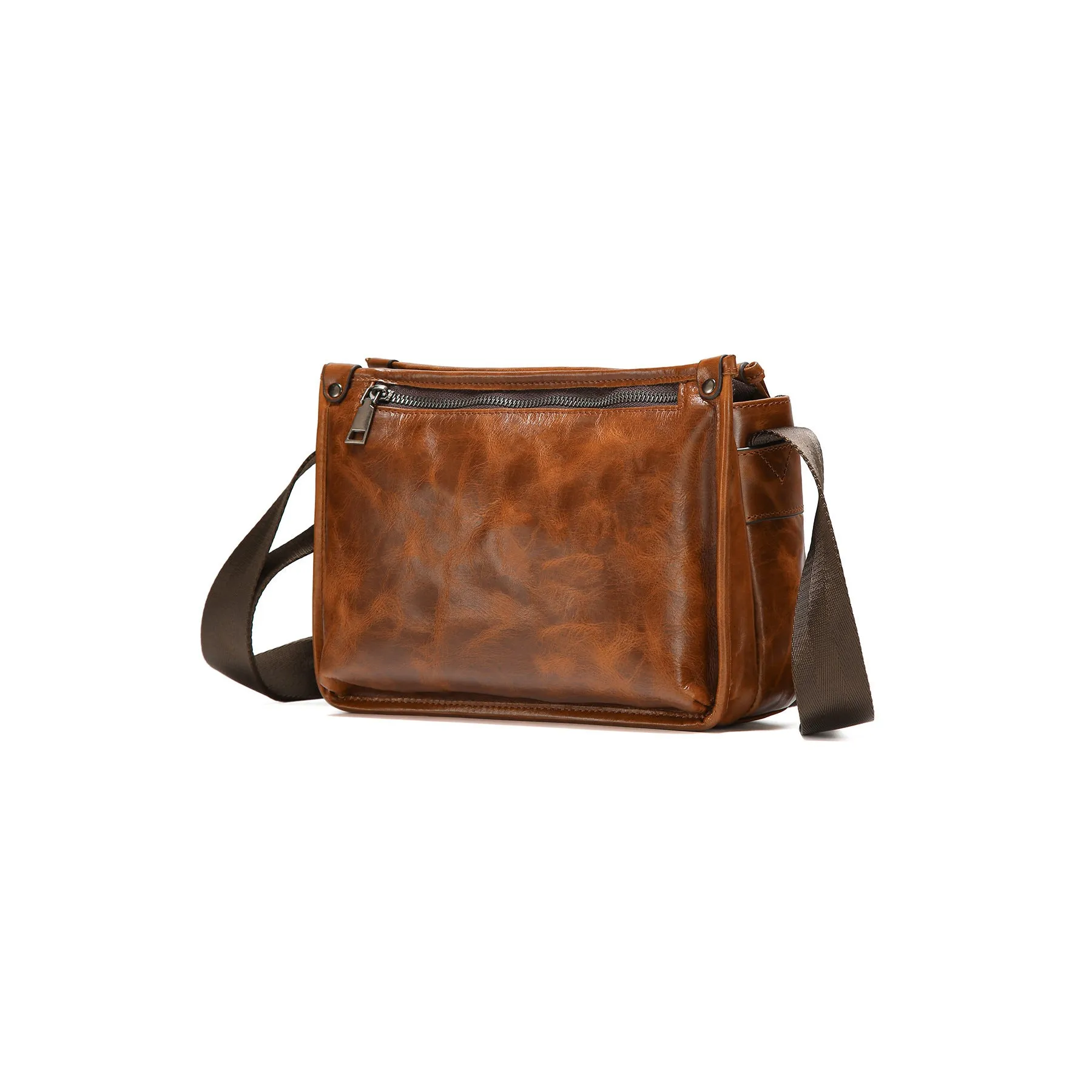 Men's brown genuine leather crossbody bag large capacity single shoulder commuting travel