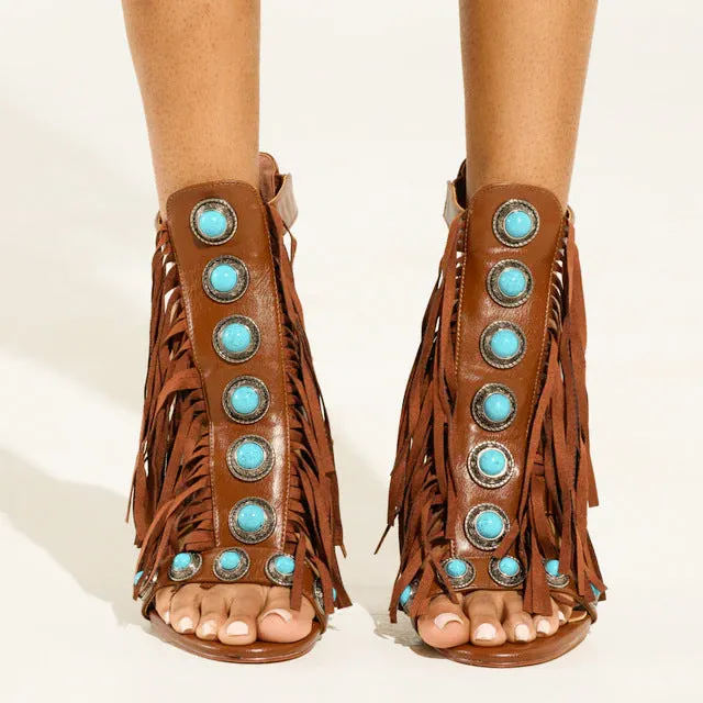 Women's brown round toe hollow tassel sandals with back zipper and super high heel over 8cm
