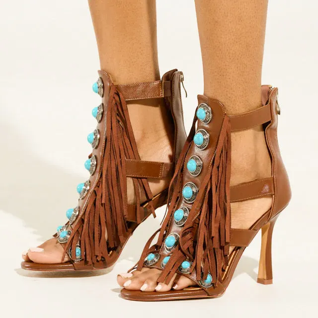 Women's brown round toe hollow tassel sandals with back zipper and super high heel over 8cm