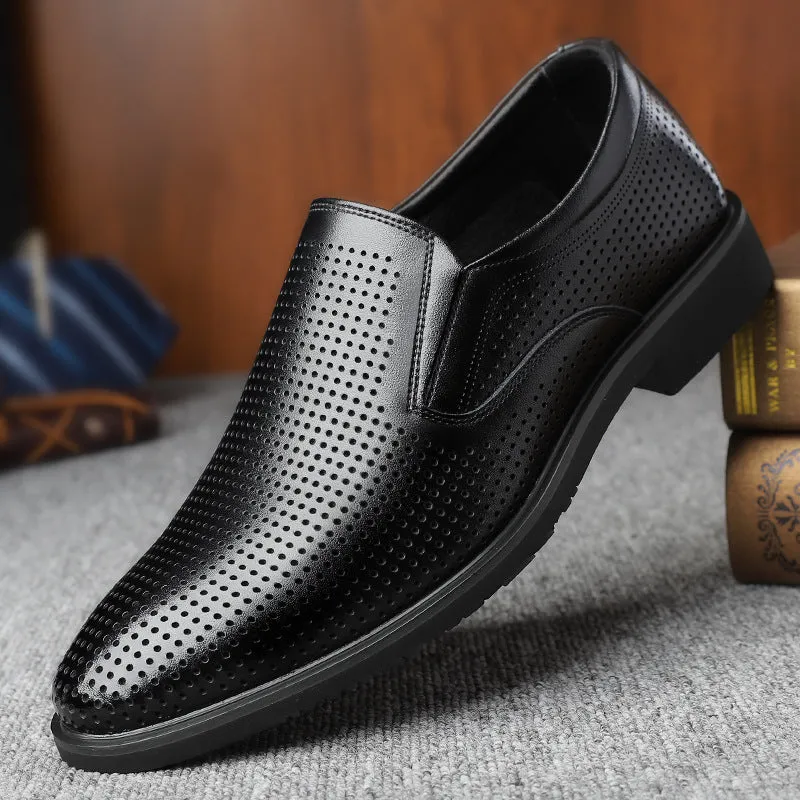 Men's black business casual slip-on shoes with renewable leather upper and rubber sole