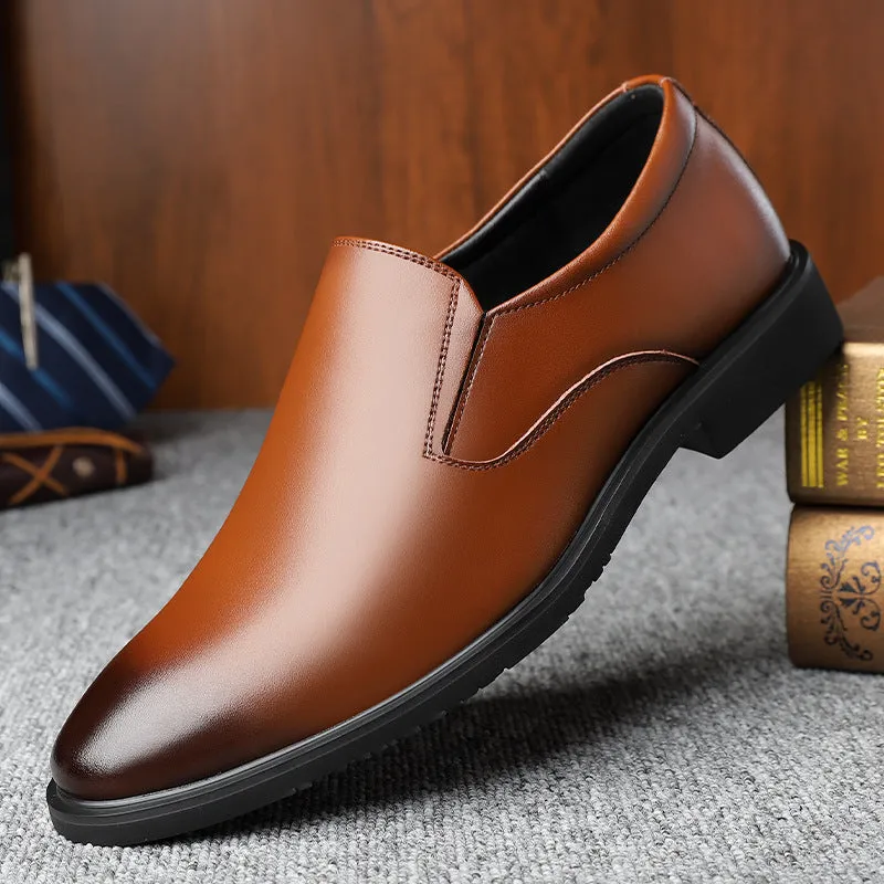 Men's black business casual slip-on shoes with renewable leather upper and rubber sole