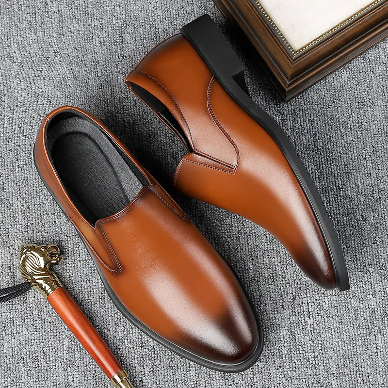 Men's black business casual slip-on shoes with renewable leather upper and rubber sole