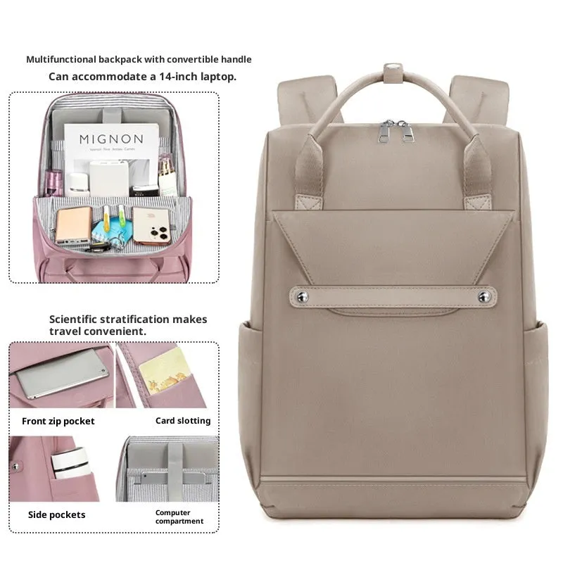 Lightweight large capacity waterproof nylon schoolbag for girls and boys, solid colour, available in Black Beige Brown Lotus Pink