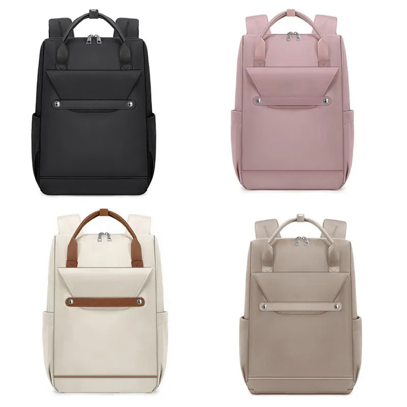 Lightweight large capacity waterproof nylon schoolbag for girls and boys, solid colour, available in Black Beige Brown Lotus Pink