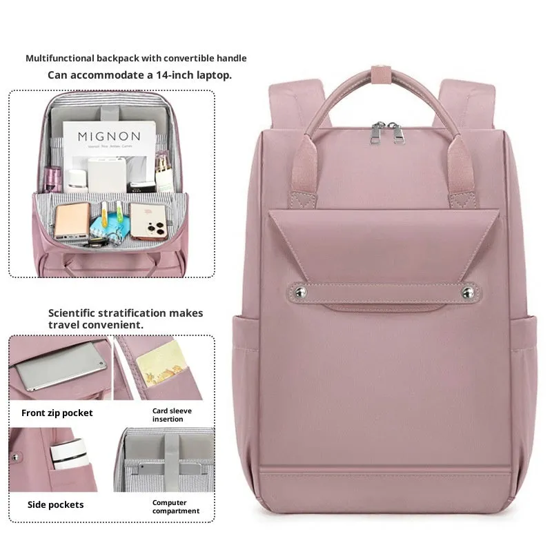 Lightweight large capacity waterproof nylon schoolbag for girls and boys, solid colour, available in Black Beige Brown Lotus Pink
