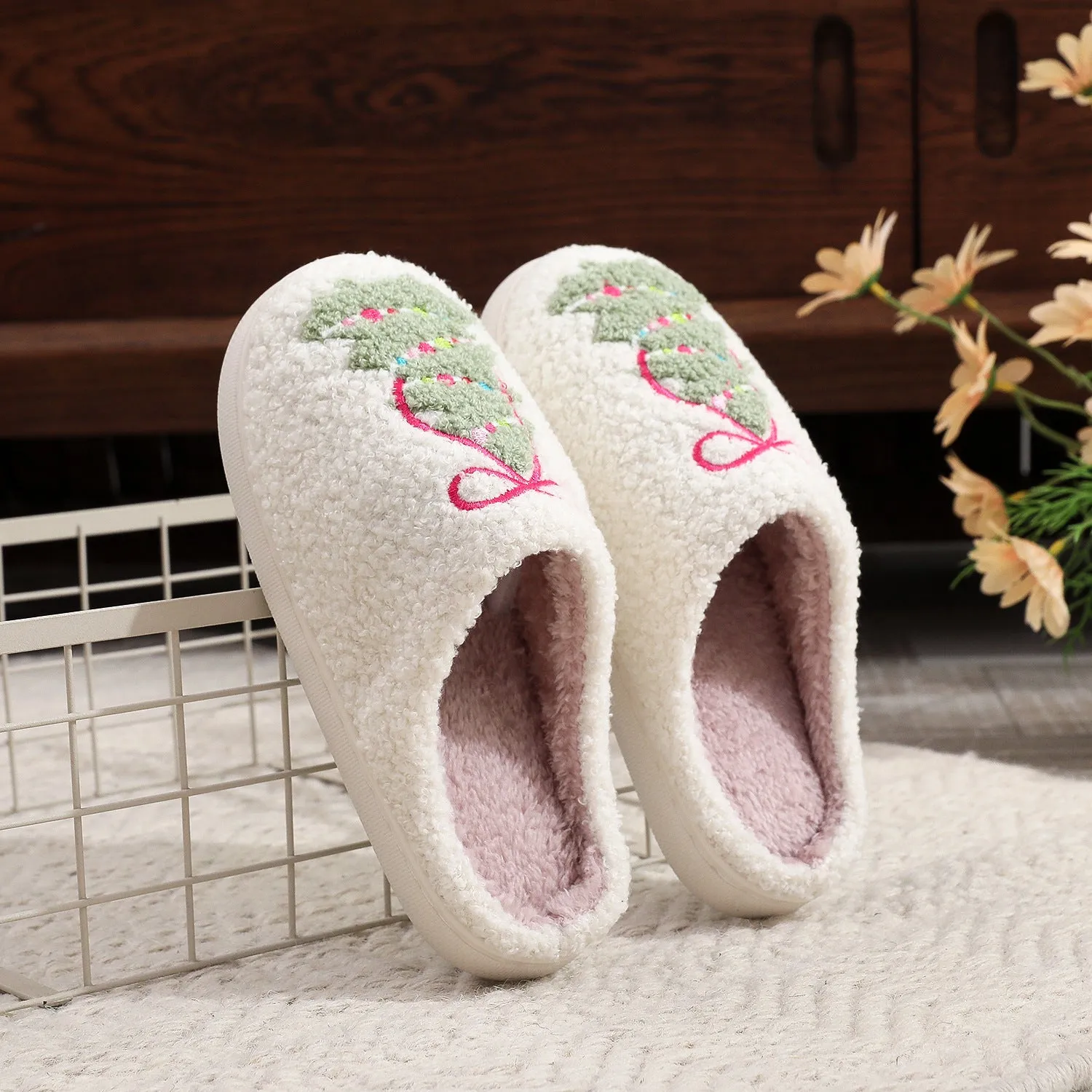 Fashion bowknot Christmas tree cotton slippers plush thickening round head for men women