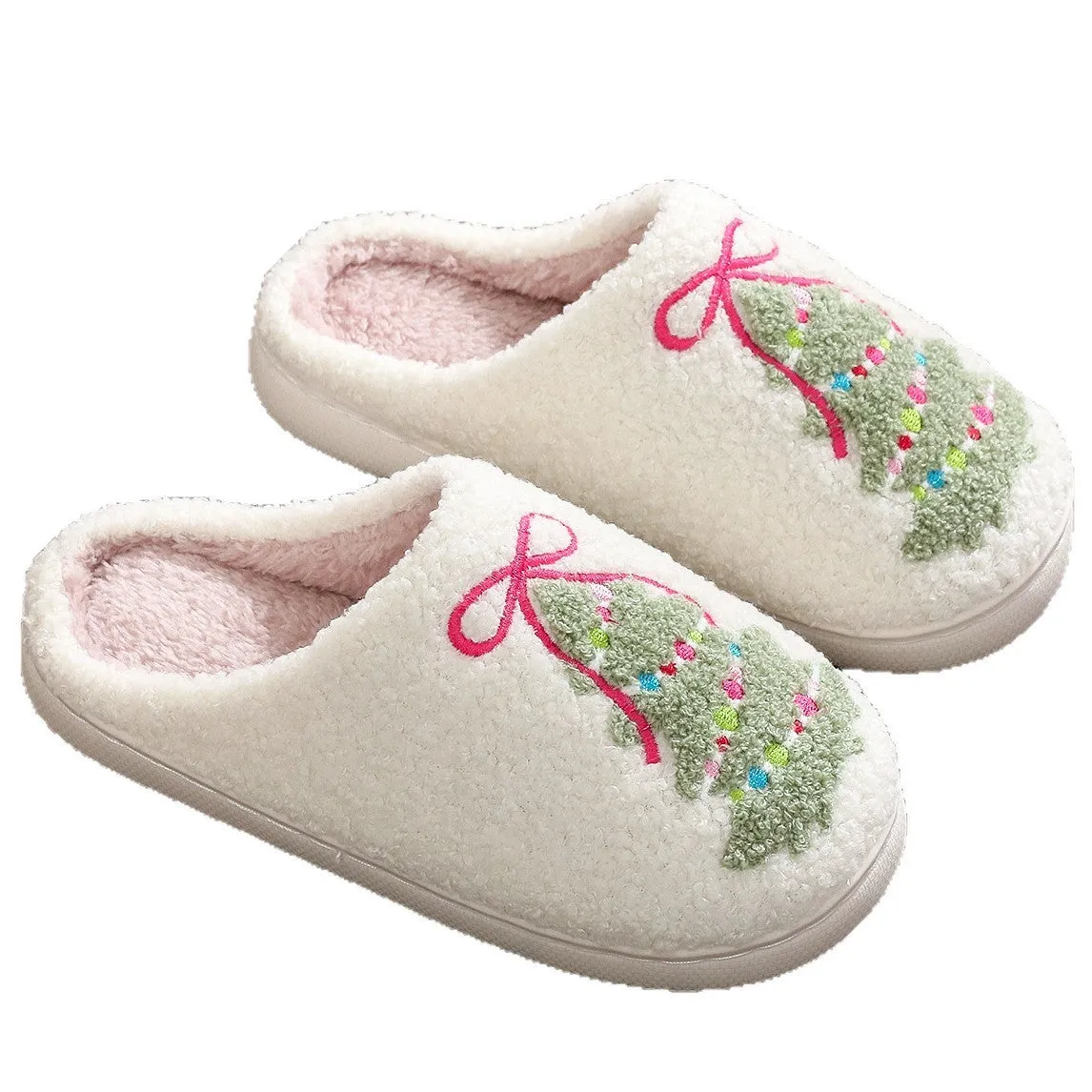 Fashion bowknot Christmas tree cotton slippers plush thickening round head for men women
