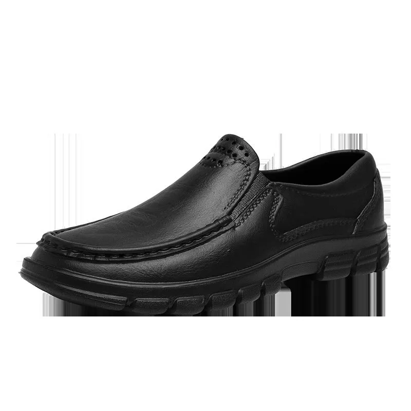 Men's black leather slip-on shoe with a mid-top design and platform sole
