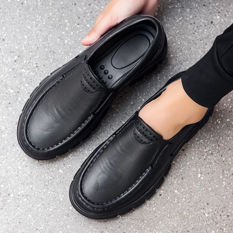 Men's black leather slip-on shoe with a mid-top design and platform sole