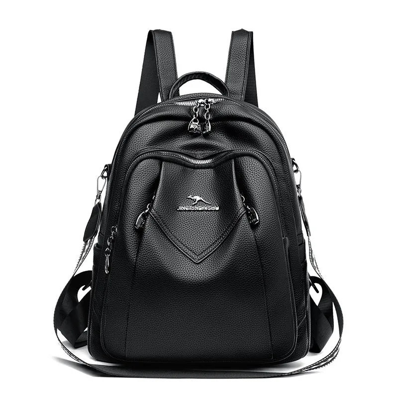Genuine leather geometric patchwork student backpack with metal belt decoration, waterproof and wear-resistant, in black beige and yellow