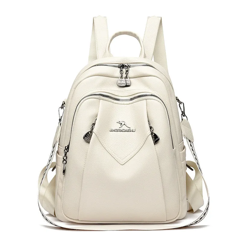 Genuine leather geometric patchwork student backpack with metal belt decoration, waterproof and wear-resistant, in black beige and yellow