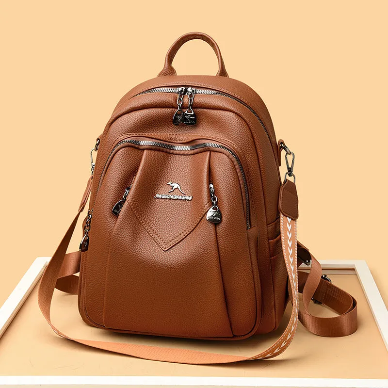 Genuine leather geometric patchwork student backpack with metal belt decoration, waterproof and wear-resistant, in black beige and yellow