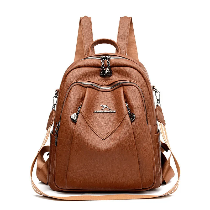 Genuine leather geometric patchwork student backpack with metal belt decoration, waterproof and wear-resistant, in black beige and yellow