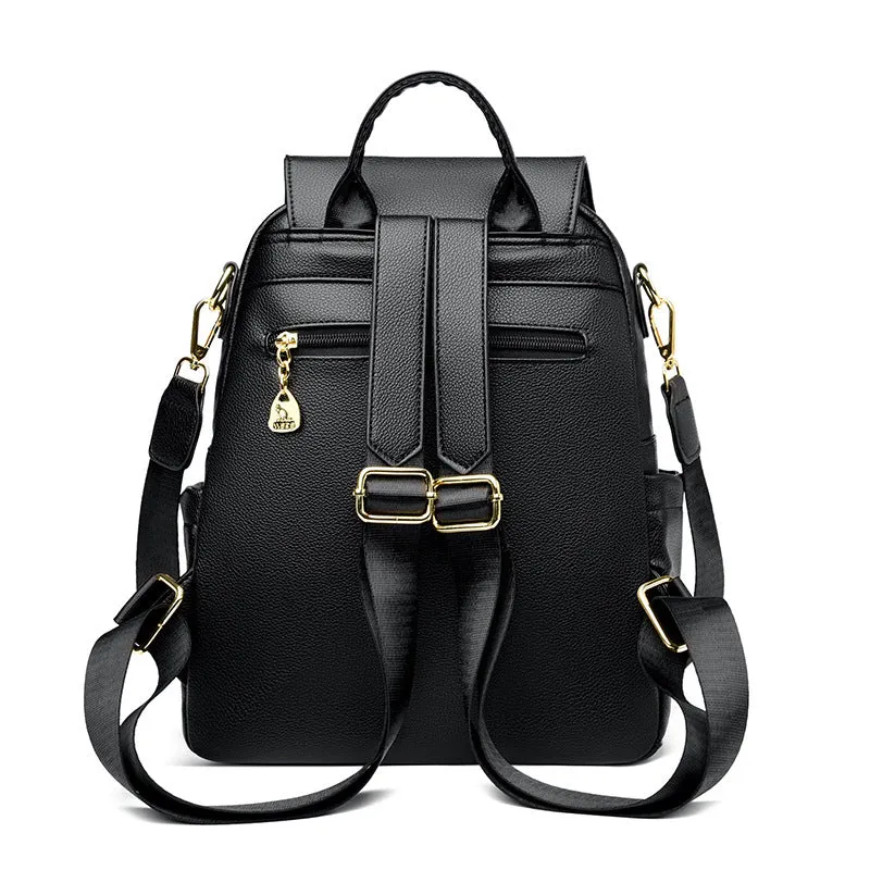 Genuine leather backpack with pendant and spliced belt detail for students and travellers, available in beige
